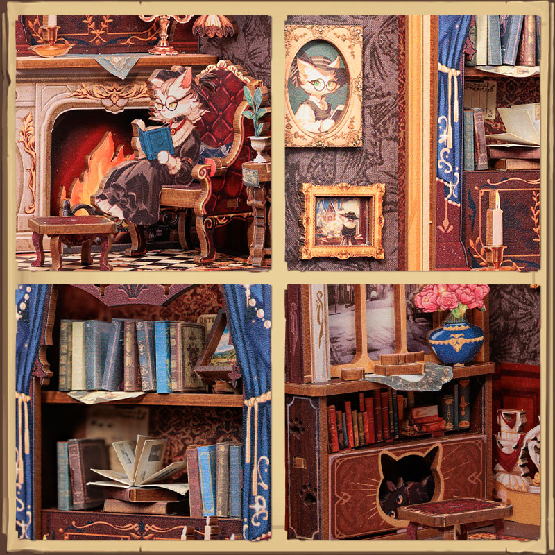 Miniature Dollhouse Count Cat's Study Wooden Handmade Kit