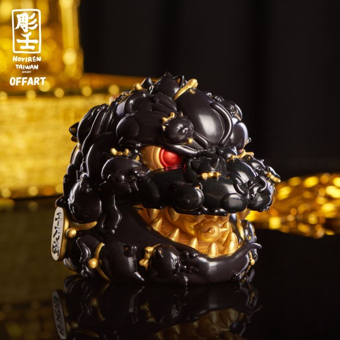 Hundred Cats Red Lotus Mini Mini Fortune Head Sculpture - Ink Gold Version