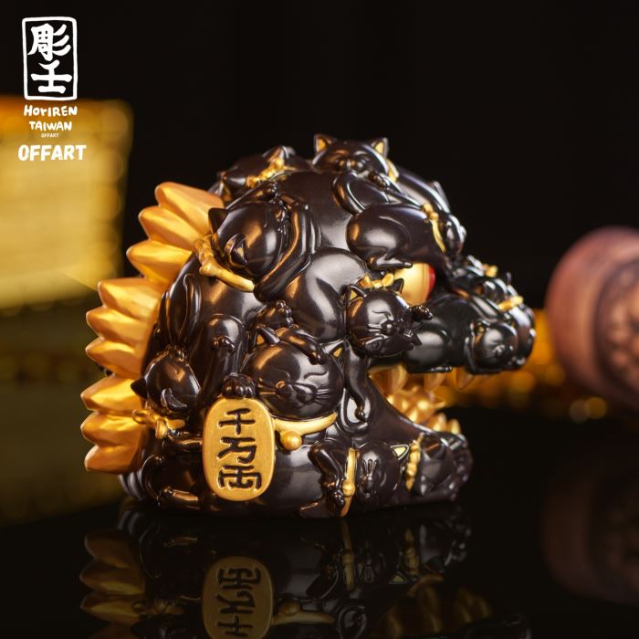 Hundred Cats Red Lotus Mini Mini Fortune Head Sculpture - Ink Gold Version