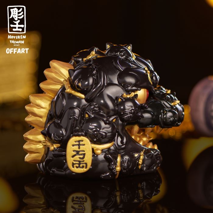 Hundred Cats Red Lotus Mini Mini Fortune Head Sculpture - Ink Gold Version
