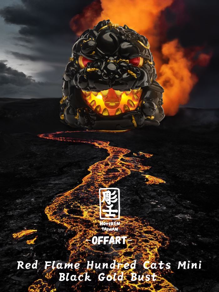 Hundred Cats Red Lotus Mini Mini Fortune Head Sculpture - Ink Gold Version
