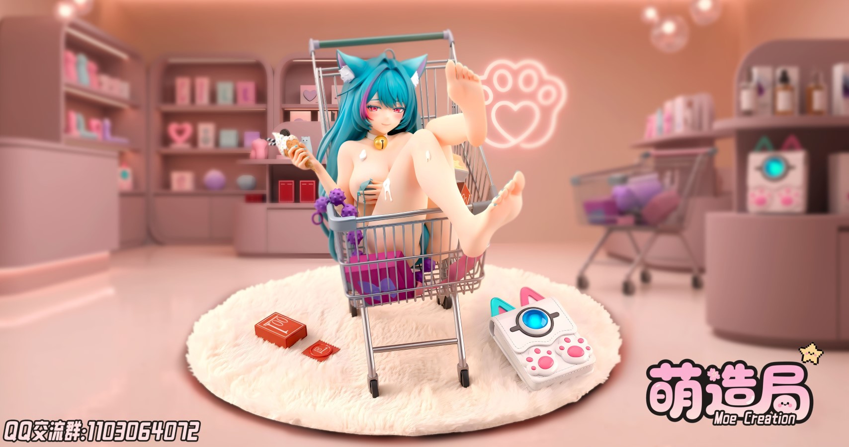 Cute Girl Mint Pushing Cart