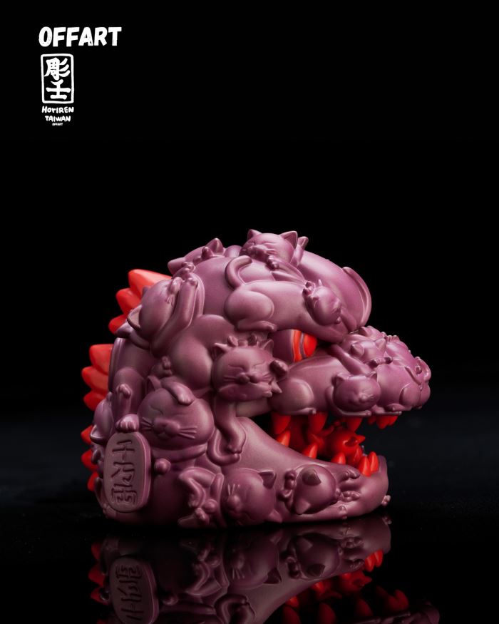 Hundred Cats Red Lotus Temperature Changing Mini Head Sculpture - Purple Flame Fusion Version